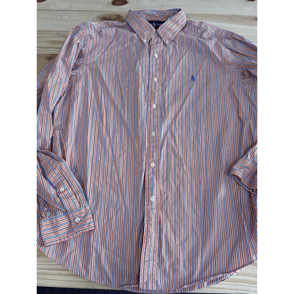 Ralph Lauren Custom Fit Striped Shirt Mens XL Orange & Blue Striped